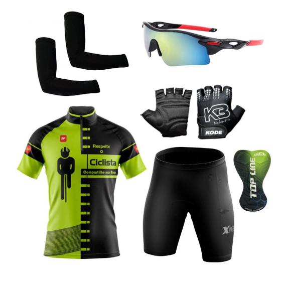 Imagem de Conjunto Ciclismo Camisa e Bermuda + Par de Luvas + Óculos Esportivo + Par de Manguitos