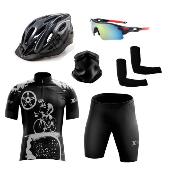 Imagem de Conjunto Ciclismo Camisa Proteção Uv e Bermuda + Capacete Ciclismo + Óculos Esportivo +  Manguito + Bandana