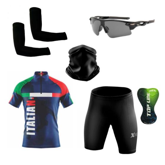 Imagem de Conjunto Ciclismo Camisa Proteção Uv e Bermuda + Óculos Esportivo +  Manguito + Bandana