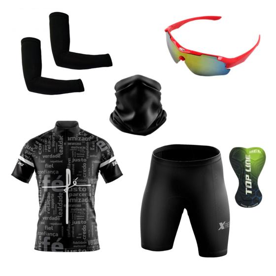 Imagem de Conjunto Ciclismo Camisa Proteção Uv e Bermuda + Óculos Esportivo +  Manguito + Bandana