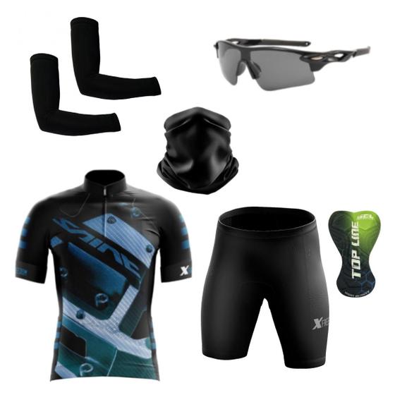 Imagem de Conjunto Ciclismo Camisa Proteção Uv e Bermuda + Óculos Esportivo +  Manguito + Bandana