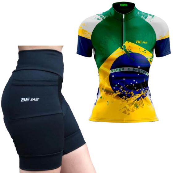 Imagem de Conjunto Ciclismo Feminino Camisa e Bermuda Forro de Espuma