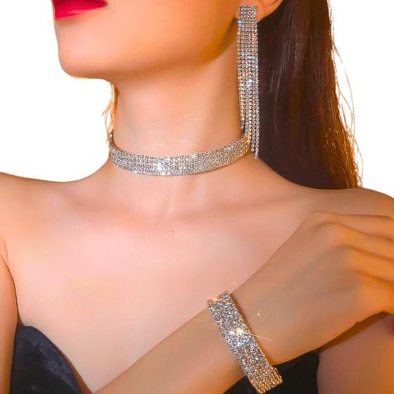 Imagem de Conjunto Colar Brinco e Pulseira Strass Prateado Noiva Festa