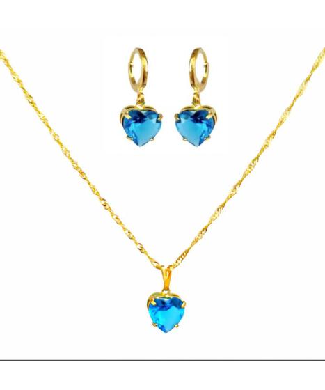 Imagem de Conjunto Colar Brinco Pedra Cristal Azul Mar Folheado Ouro