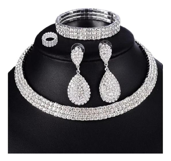 Imagem de Conjunto Colar Chocker Pulseira Brinco Anel Noiva Strass