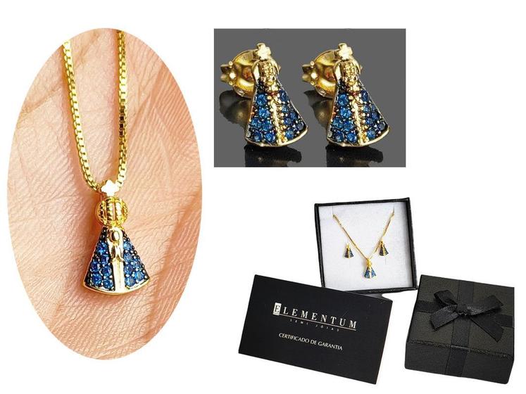 Imagem de Conjunto Colar e Brinco Feminino Nossa Senhora Aparecida Banhado a Ouro 18K com embalagem para presente