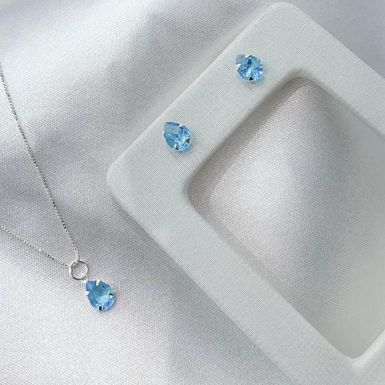 Imagem de Conjunto colar e brinco gota zircônia azul claro prata 925