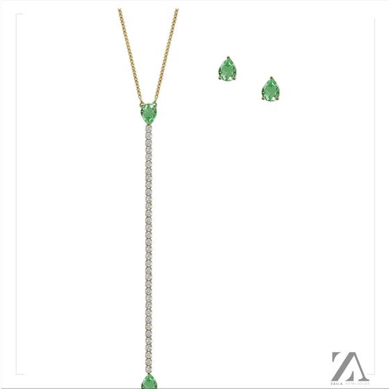 Imagem de Conjunto Colar e Brinco Pedra Verde Gota com Detalhes no Pingente Grande em Micro Zircônia