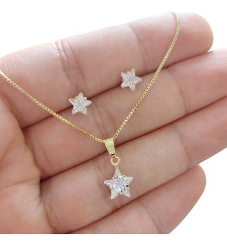 Imagem de Conjunto Colar E Brinco Pedra Zirconia Estrela Banhado Ouro