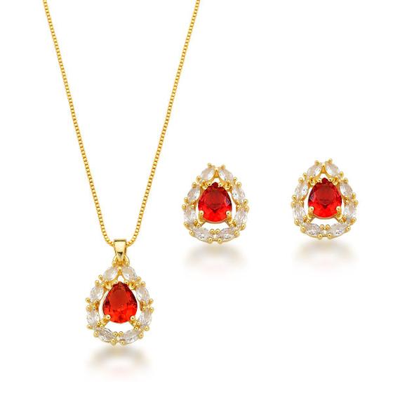 Imagem de Conjunto Colar e Brincos Com Zirconia Gota Vermelha Banhada a Ouro 18k