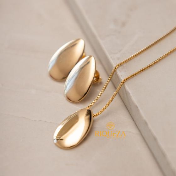 Imagem de Conjunto Colar e Brincos Oval Folheado a Ouro Semijoia