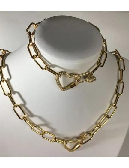 Imagem de Conjunto Colar e Pulseira com Coração Cravejado de Micro Zircônias