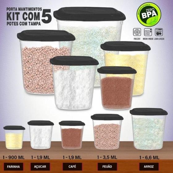 Imagem de Conjunto Com 05 Potes Preto Para Alimentos Grãos E Cereais