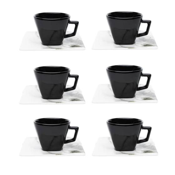 Imagem de Conjunto com 06 Xicaras de Chá Preta Golden Stone - Oxford Porcelana 200ml - Xicara quadrada preta com prato marmorizado 