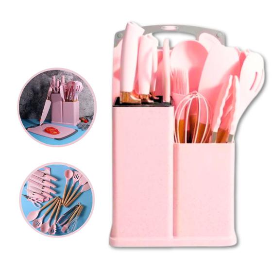 Imagem de Conjunto Com 19 Utensílios Cozinha Silicone Concha Espátula Rosa