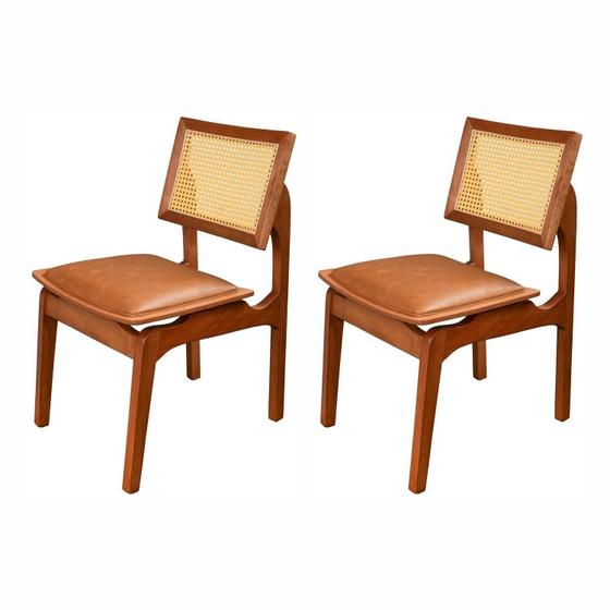 Imagem de Conjunto com 2 Cadeiras de Madeira 100% Maciça Tauari e Rattan Natural com Assento Estofado Daren Li