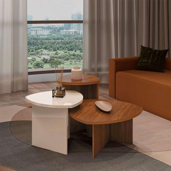 Imagem de Conjunto com 2 Mesas Laterais e 1 Mesa de Centro Delta Cedro e Off White