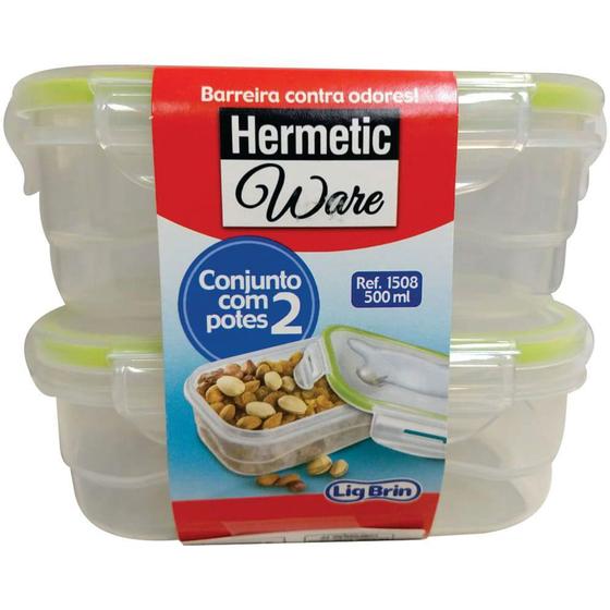 Imagem de Conjunto com 2 Potes Herméticos Retangulares 500ml Polipropileno Transparente Hermetic Ware -Ligbrin