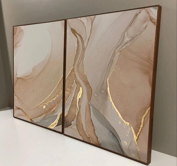 Imagem de Conjunto com 2 quadros decorativos Abstrato Bege com Dourado