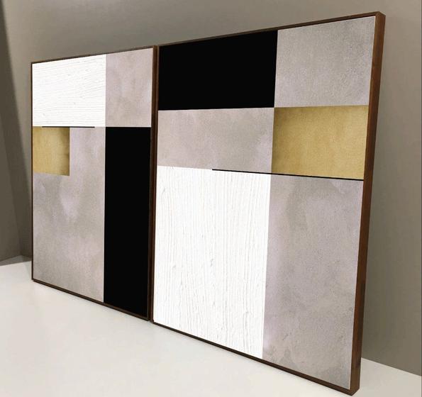 Imagem de Conjunto com 2 quadros decorativos Geométricos texturas preto e linhas dourado.