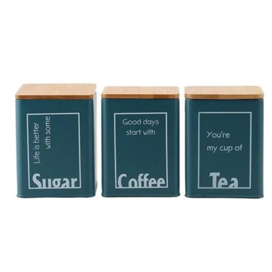 Imagem de Conjunto com 3 Latas Importadas Porta Condimento Metal Verde com Tampa de Bambu para Café Chá Açucar