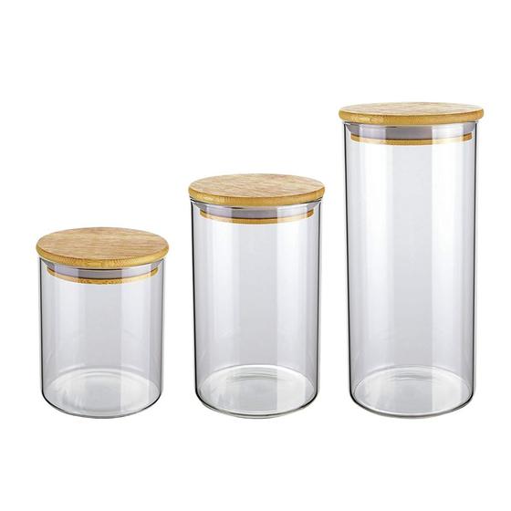 Imagem de Conjunto com 3 Potes de Vidro transparente Slim com tampa Bambu, VDR6804-3, Euro Home