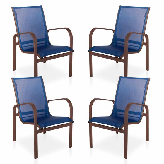 Imagem de Conjunto Com 4 Cadeiras de Alumínio e Tela Sling - Marrom/Azul Marinho