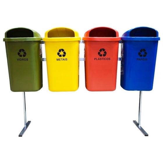 Imagem de Conjunto com 4 lixeiras 50 litros coleta seletiva com suporte em aço carbono