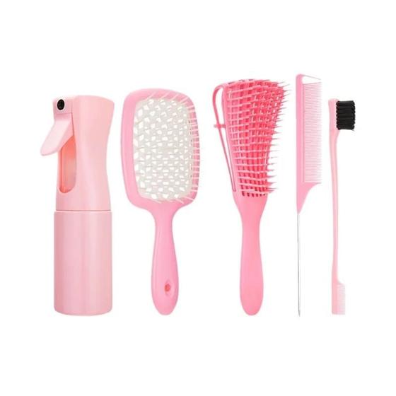 Imagem de Conjunto com 5 Escovas Desembaraçadoras Rosa - Pente Curvo Incluso
