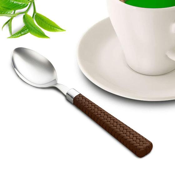 Imagem de Conjunto com 6 colheres p/chá de aço inox c/cabo de plástico rattan marrom 16cm - LYOR