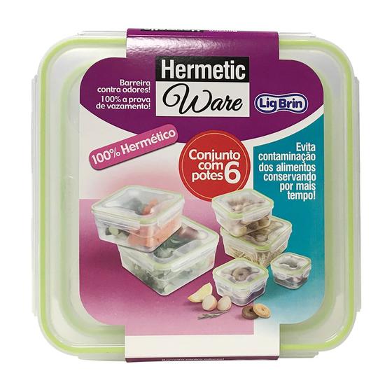 Conjunto com 6 Potes Herméticos Quadrados em Polipropileno Transparente Hermetic Ware - Ligbrin Menor preço em Conjunto com 6 Potes Herméticos Quadrados em Polipropileno Transparente Hermetic Ware - Ligbrin