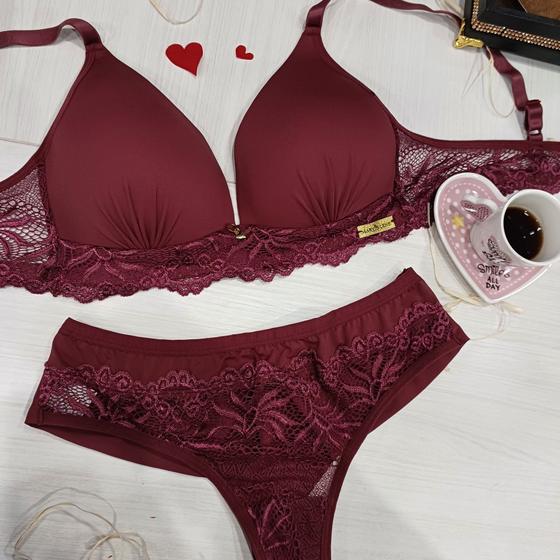 Imagem de Conjunto com Bojo Soft sem Aro Calcinha Fio Feminino Clamar em Microfibra e Renda - 9139