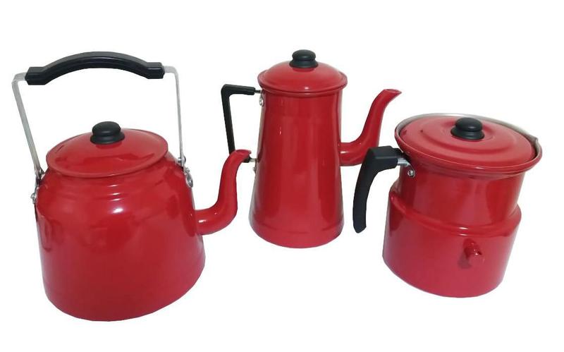 Imagem de Conjunto Com Bule Chaleira Leiteira Com Apito Vermelho