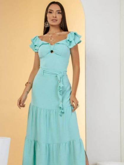Imagem de Conjunto com cinto floral saia longa e cropped com babado e fenda lateral