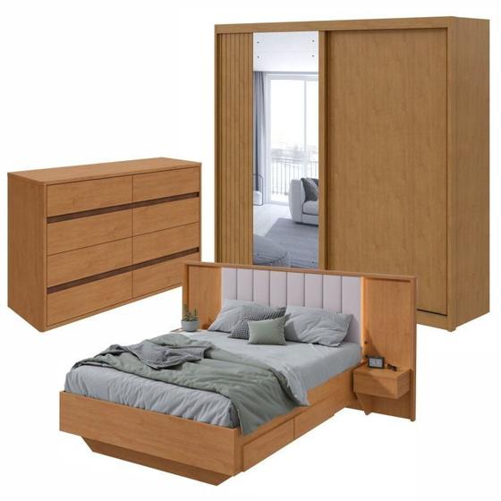 Imagem de Conjunto com Guarda-roupa Casal Velaris com Espelho, Cômoda Ledere Cama Casal Solaris