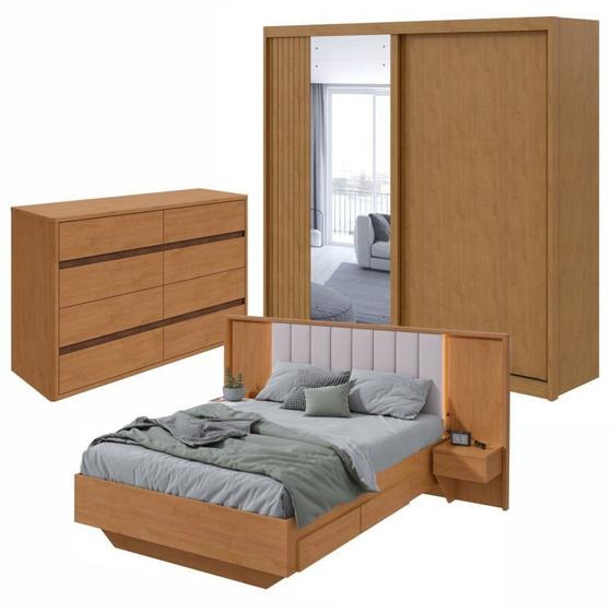 Imagem de Conjunto com Guarda-roupa Casal Velaris com Espelho, Cômoda Ledere Cama Casal Solaris