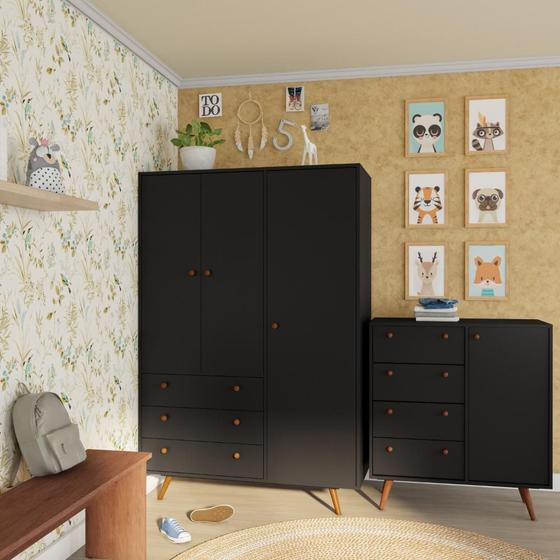 Imagem de Conjunto com Guarda-Roupa Solteiro 3 PT 3 GV Preto e Cômoda Retrô 4 GV Preta