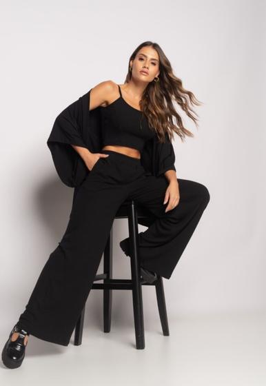 Imagem de Conjunto Com Kimono, Cropped e Wide Leg Canelado Preto Salvatore