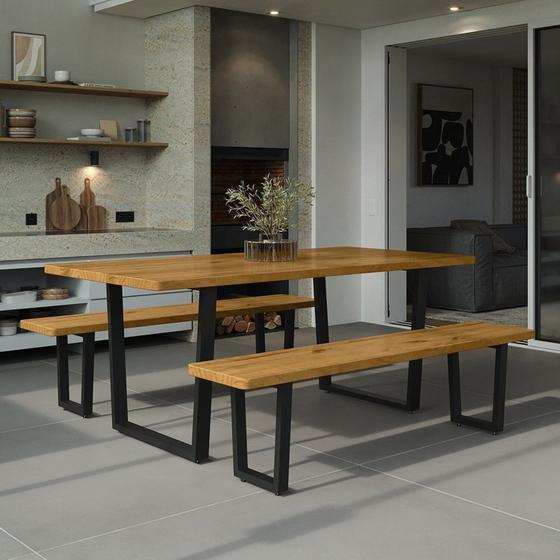 Imagem de Conjunto com Mesa de Jantar Retangular e 2 Bancos em Ferro e Madeira Maciça Savannah Espresso Móveis