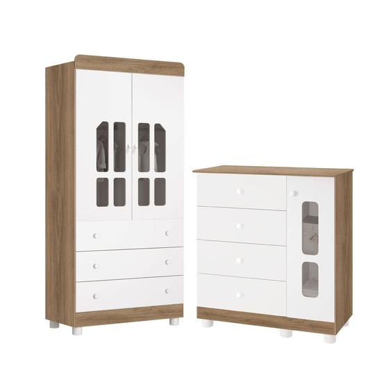 Imagem de Conjunto Comoda Sapateira 4 Gavetas 1 Porta E Guarda Roupa 2 Portas Katatau Infantil Para Quarto Branco Brilho E Mezzo - Reller