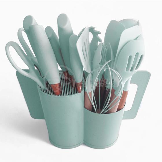 Imagem de Conjunto Completo de Cozinha Verde com 19 Utensílios em Silicone e Madeira com Porta Talheres Oval