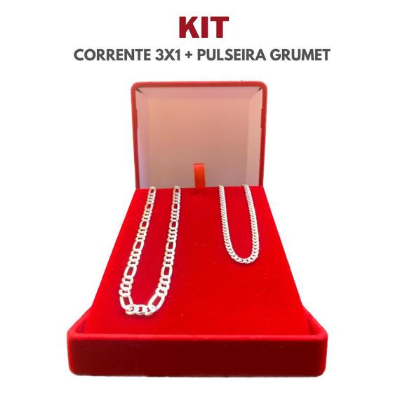 Imagem de Conjunto Cordão De Prata 70Cm Masculina Com Pulseira Grumet