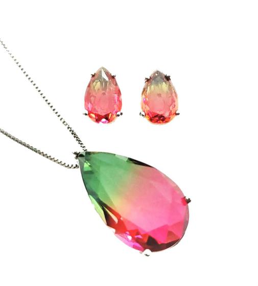 Imagem de Conjunto Cordão Pingente E Brincos Gota Rainbow Melancia Ródio Negro 4589