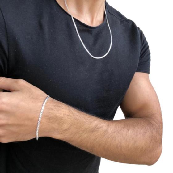 Imagem de Conjunto Cordão Prata 60Cm Mm Masculina Pulseira 3Mm Grumet