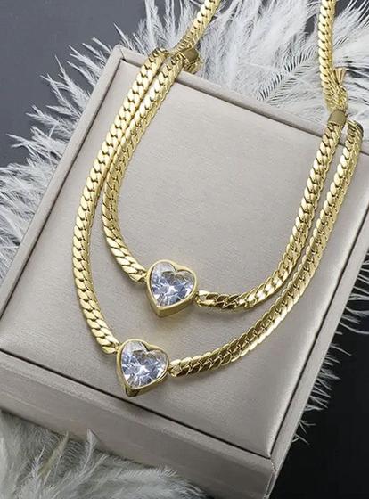 Imagem de Conjunto cordão + pulseira feminina coração banhada a ouro 18k