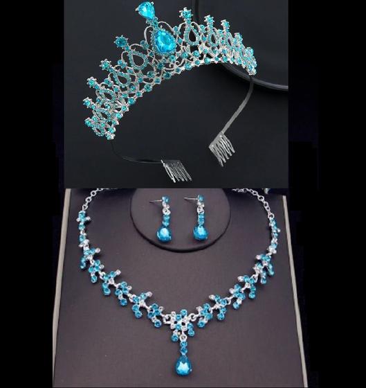 Imagem de Conjunto coroa debutante com colar e brinco cor azul bebê com prata