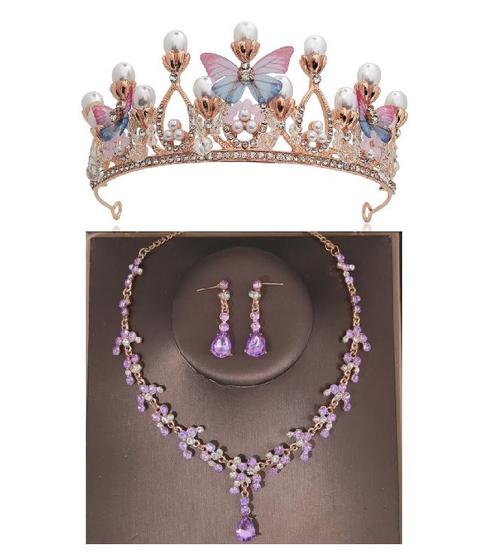 Imagem de Conjunto coroa tiara colar brinco borboleta rosa lilas debutante daminhas