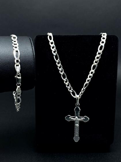 Imagem de Conjunto Corrente 3x1 Prata 925 Legitima 5mm Escamada 70cm + Pulseira 21cm Italiana + Cruz Crucifixo Borda Diamantada 