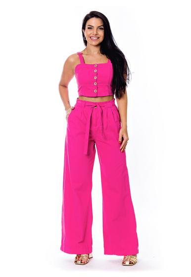 Imagem de Conjunto Cropped com Lastex e Calça Pantalona Sem Elastano