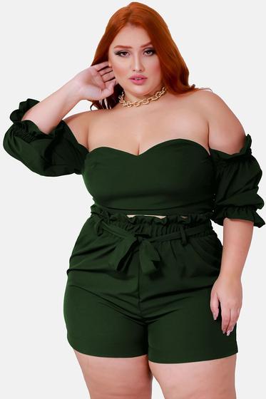 Imagem de Conjunto Cropped e Short Feminino Plus Size Ciganinha com Bojo Costas Lastex Punho Flare Cintura Alta com Laço Lançamento Verão G1 G2 G3